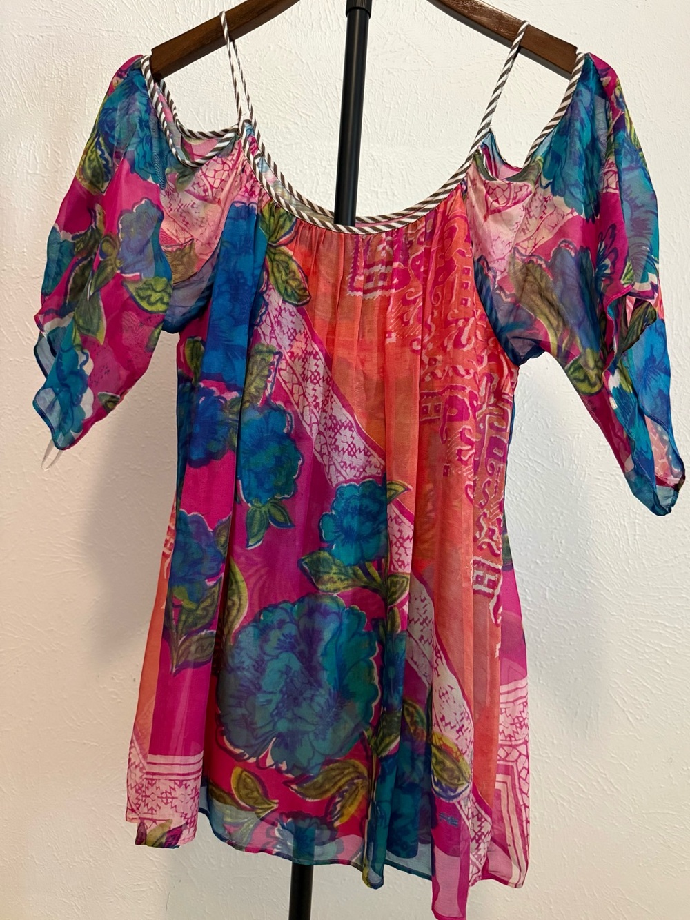 Hale Bob Pink & Teal Floral Cold-Shoulder Chiffon Tunic